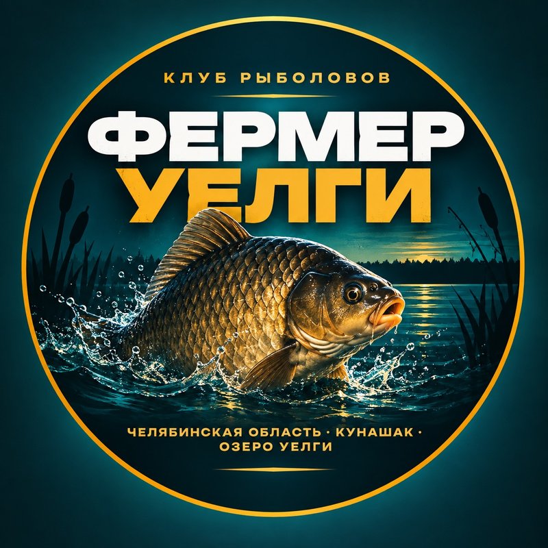 Эмблема клуба рыболовов Фермер Уелги: карась выпрыгивает из воды озера Уелги на закате